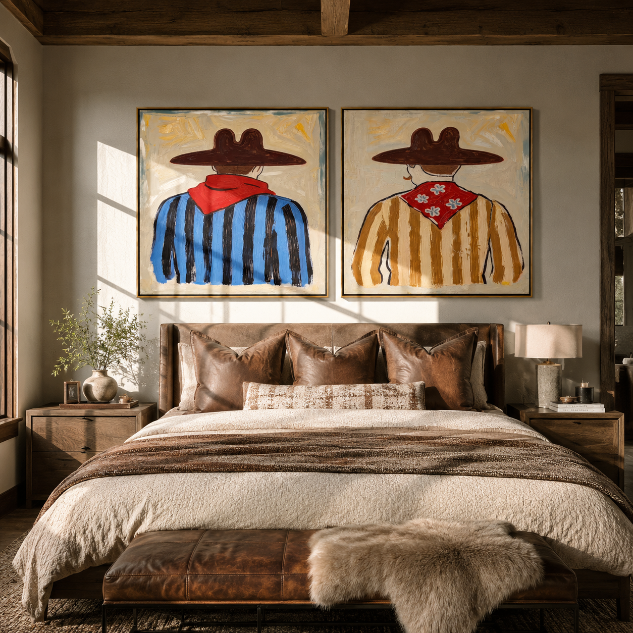 Bandanas Face The Distance Western diptych displayed in a contemporary interior