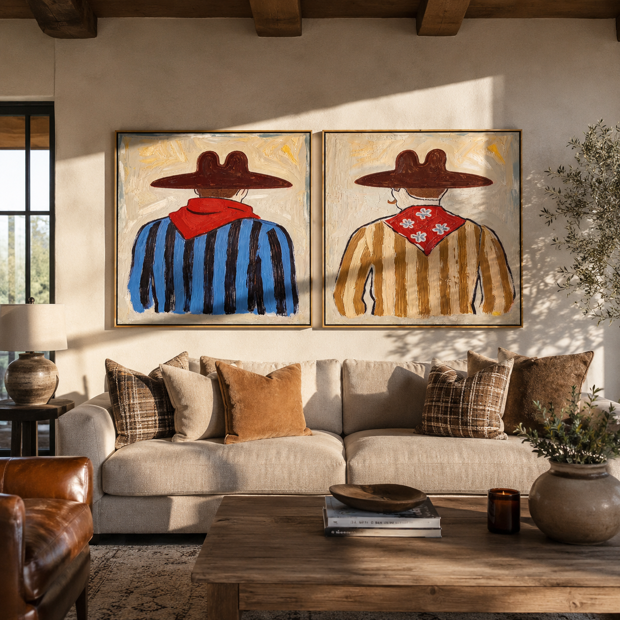 Bandanas Face The Distance two-panel Western artwork with layered color