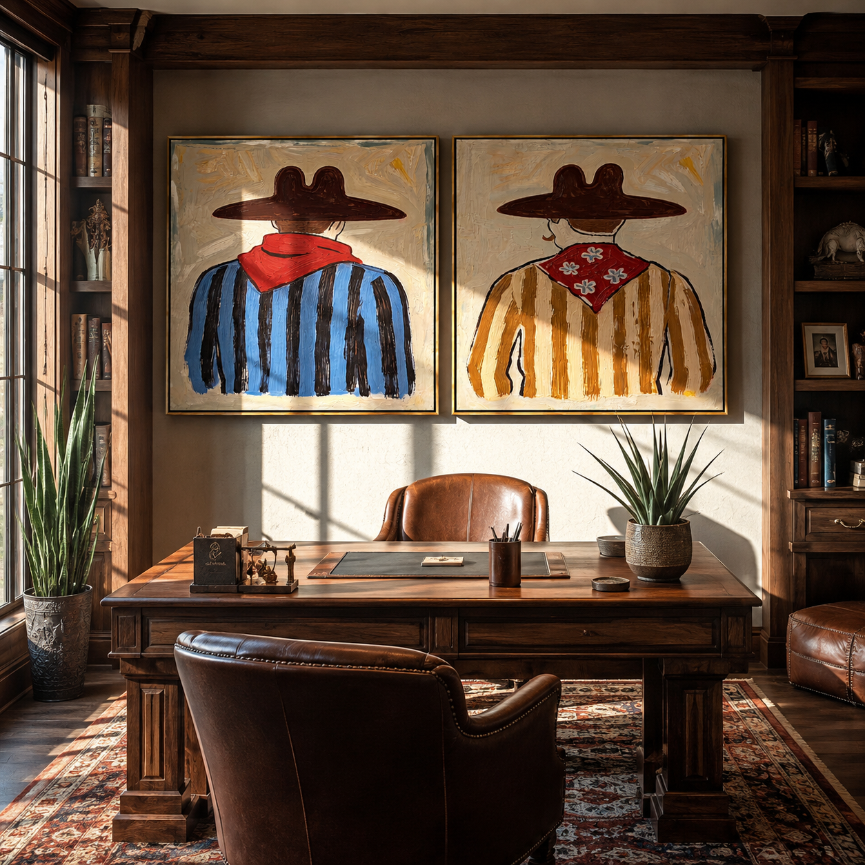 Bandanas Face The Distance diptych presented with natural materials and decor