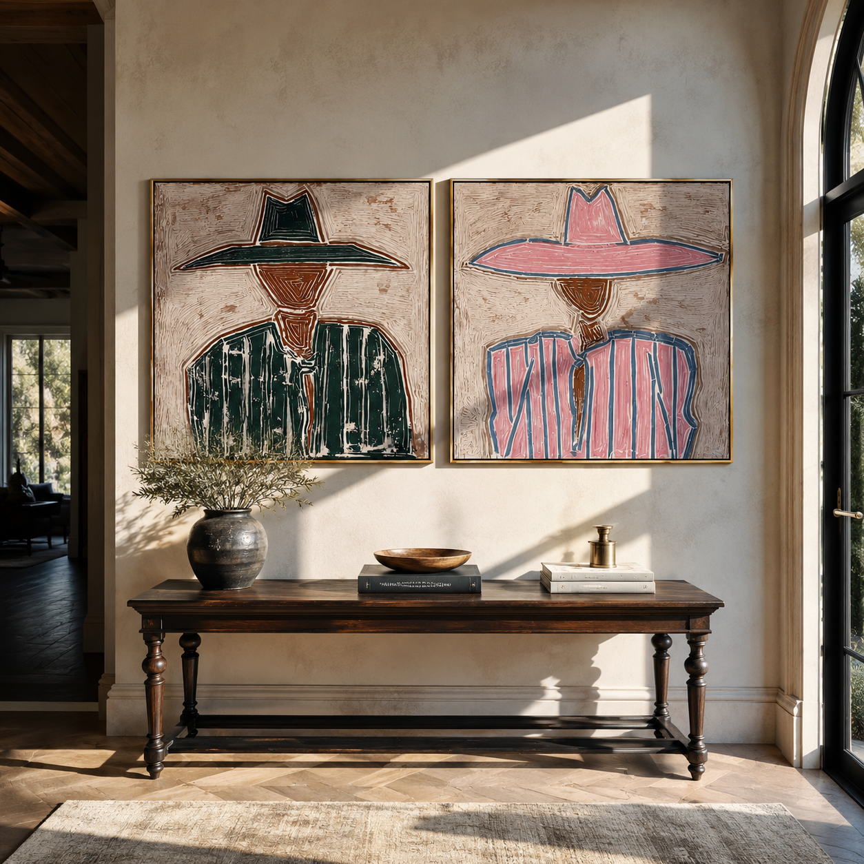 Prairie Geometry Wears Hats Western diptych displayed in a contemporary interior