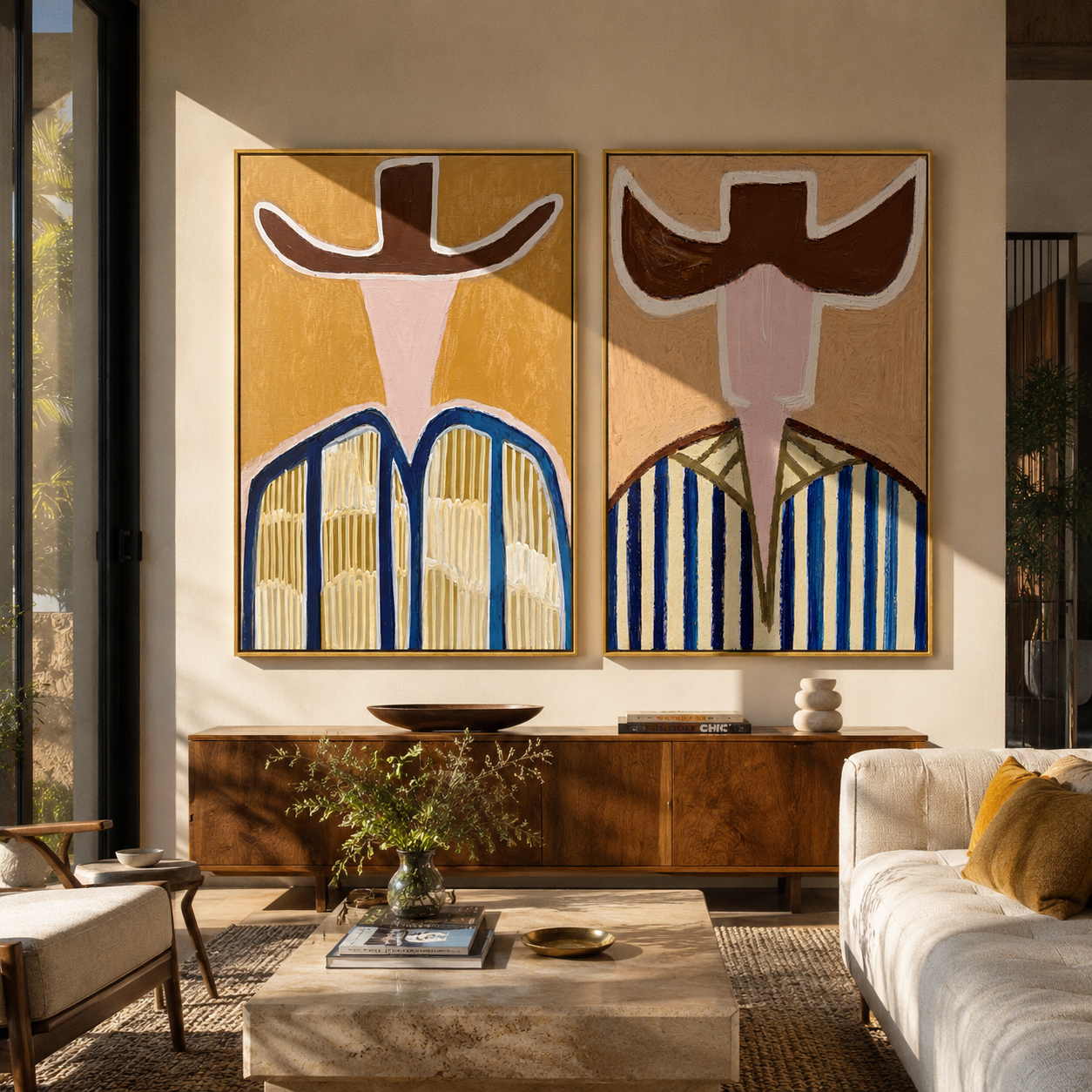 Great Brims Cast Shadows diptych presented with natural materials and decor