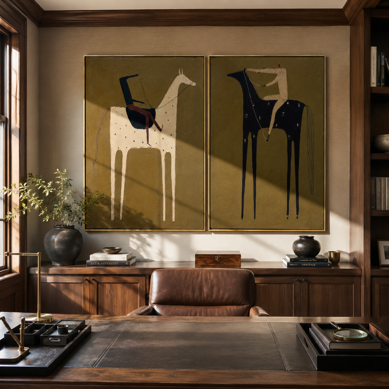 Ochre Riders Follow Sage Western diptych displayed in a contemporary interior