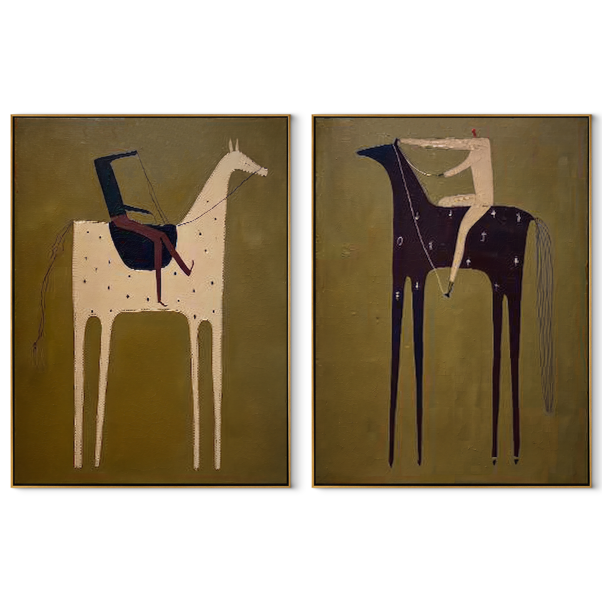 Ochre Riders Follow Sage set of two vertical canvas artworks on white