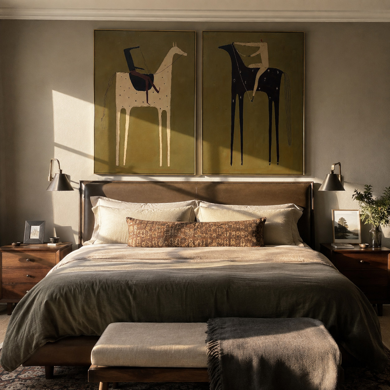 Ochre Riders Follow Sage paired wall art styled above modern furniture
