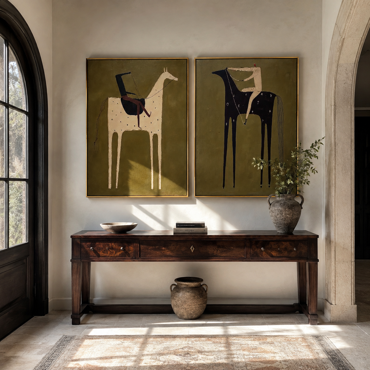 Ochre Riders Follow Sage Vintage Americana diptych in a collected room