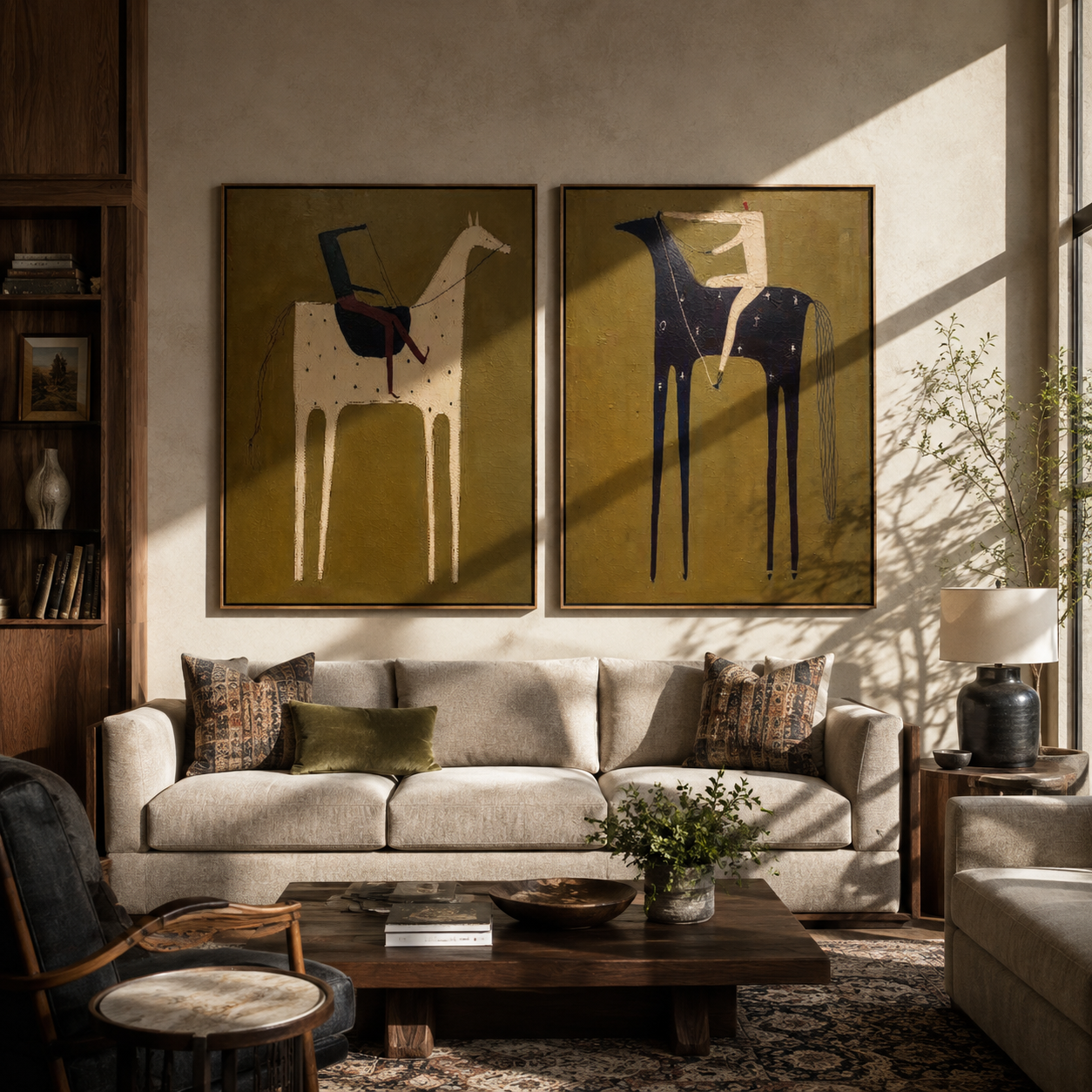 Ochre Riders Follow Sage diptych presented with natural materials and decor