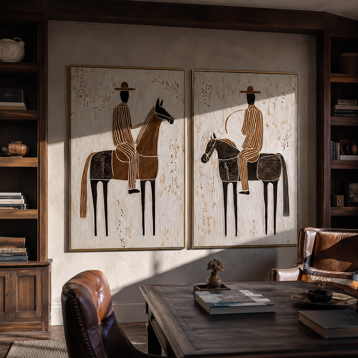 Riders Trace Open Country paired wall art styled above modern furniture