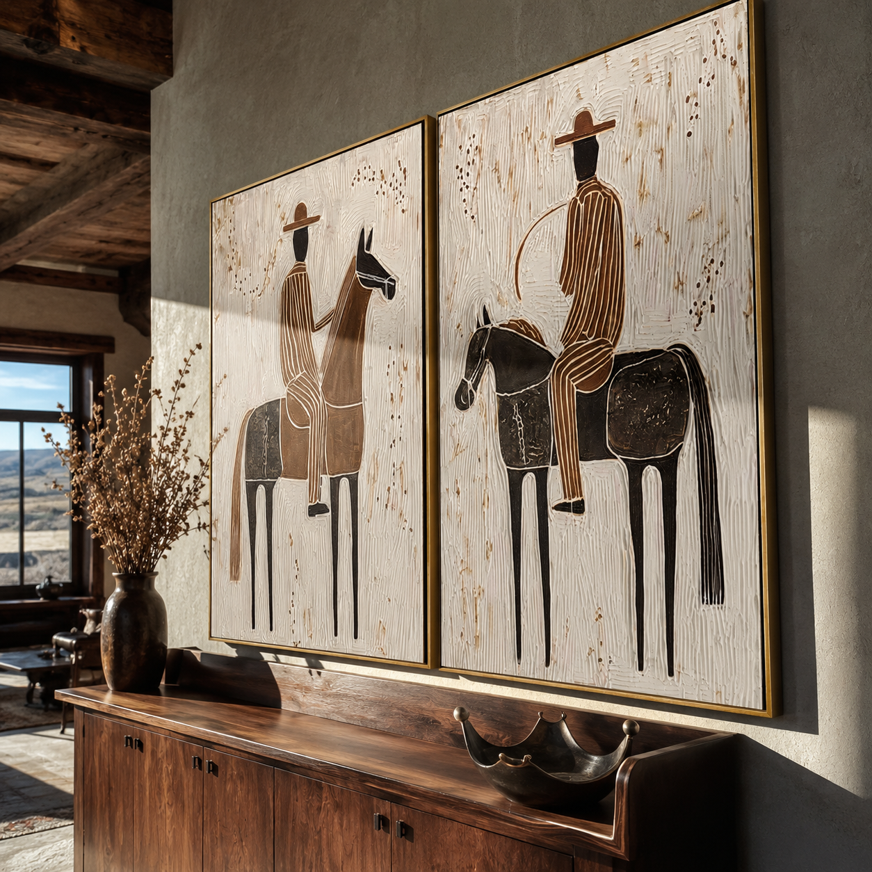 Riders Trace Open Country diptych presented with natural materials and decor
