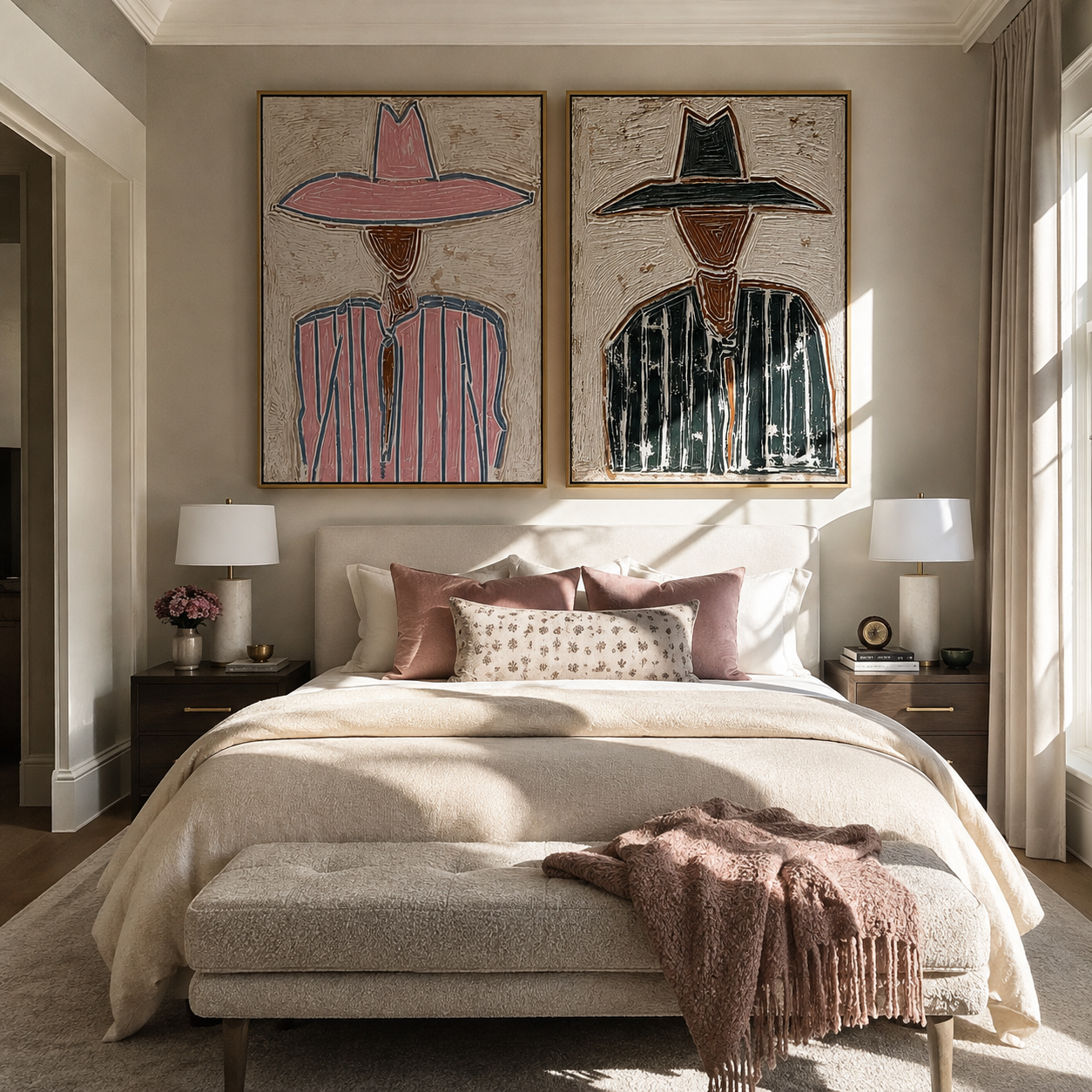 Harlequin Brims Trade Glances Western diptych displayed in a contemporary interior