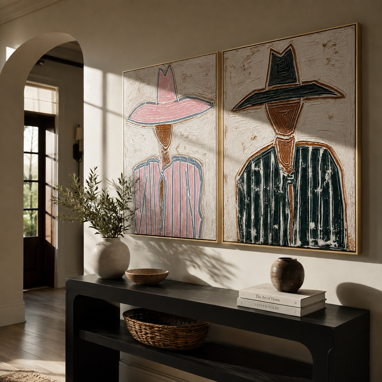 Harlequin Brims Trade Glances Vintage Americana diptych in a collected room