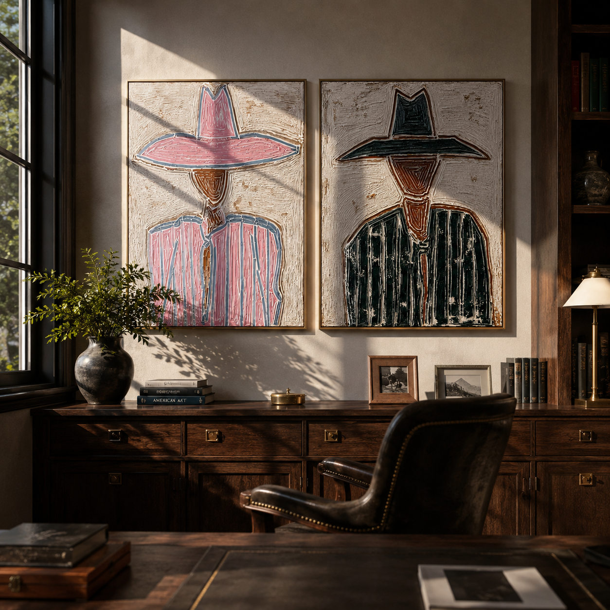 Harlequin Brims Trade Glances diptych presented with natural materials and decor