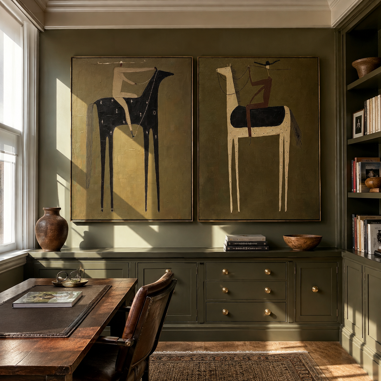 High Saddles Hold Quiet paired wall art styled above modern furniture