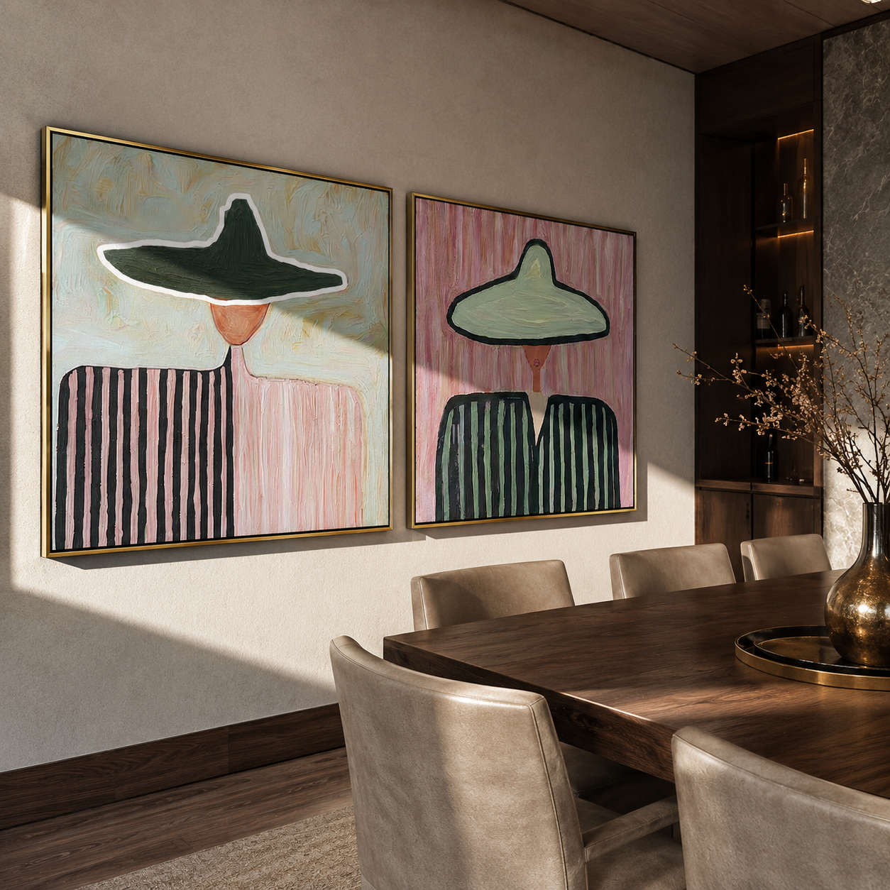 Opposite Horses Share Ground paired wall art styled above modern furniture