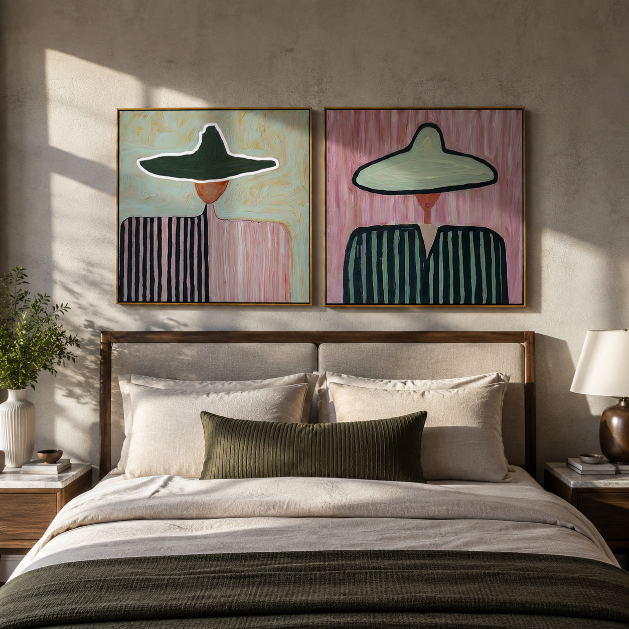 Opposite Horses Share Ground diptych presented with natural materials and decor