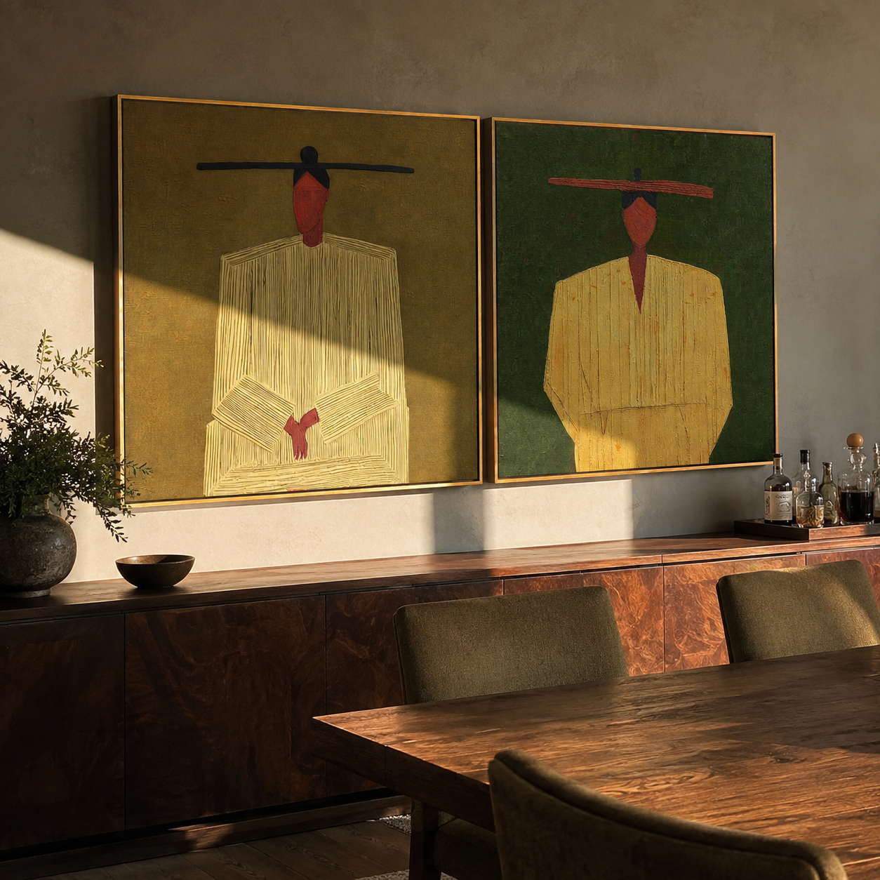 Mint Brims Meet Rose diptych presented with natural materials and decor