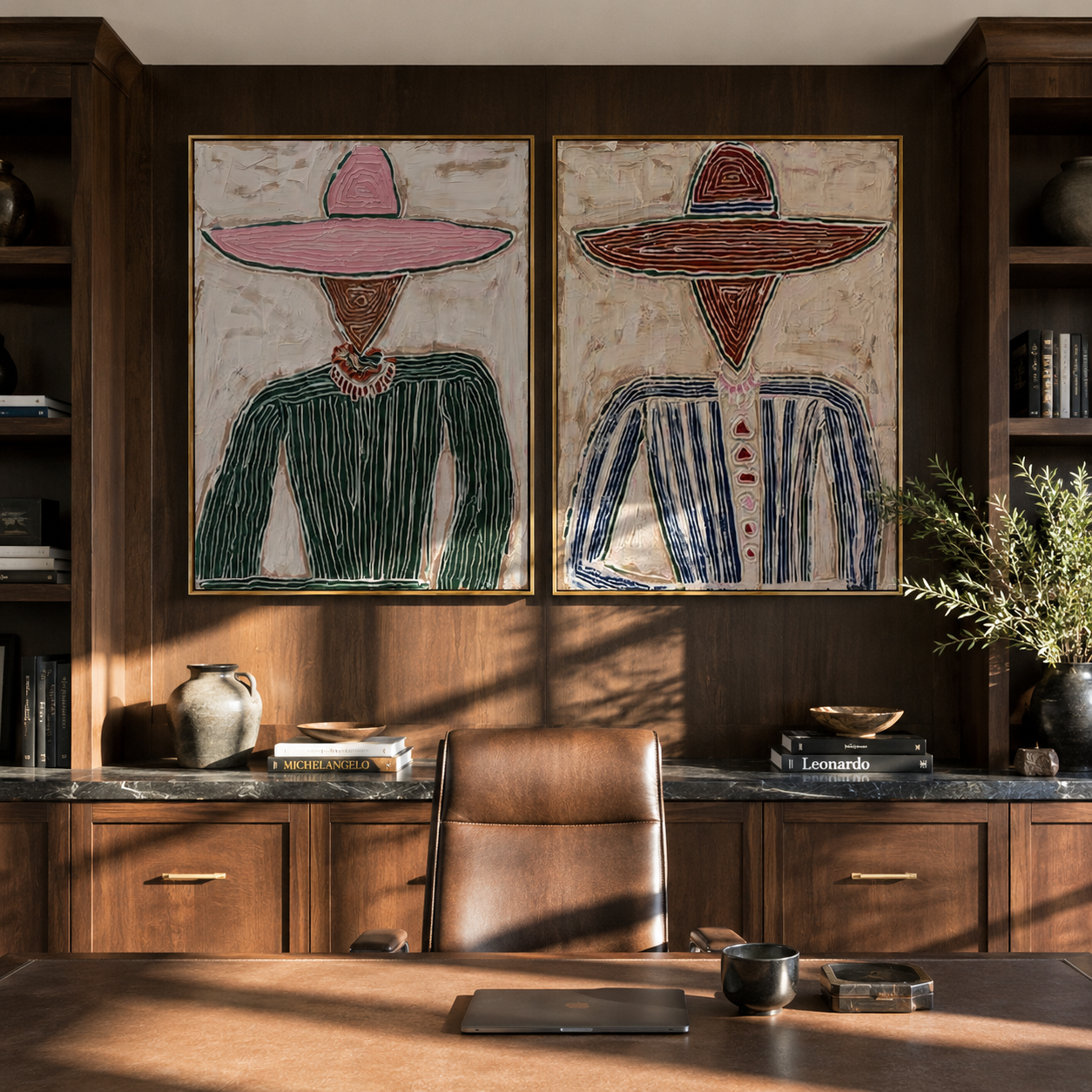 Prairie Figures Stand Plain paired wall art styled above modern furniture