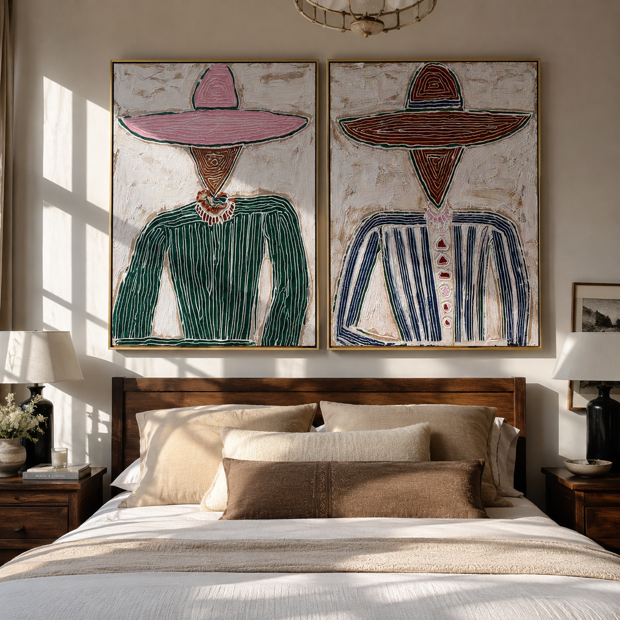 Prairie Figures Stand Plain Vintage Americana diptych in a collected room
