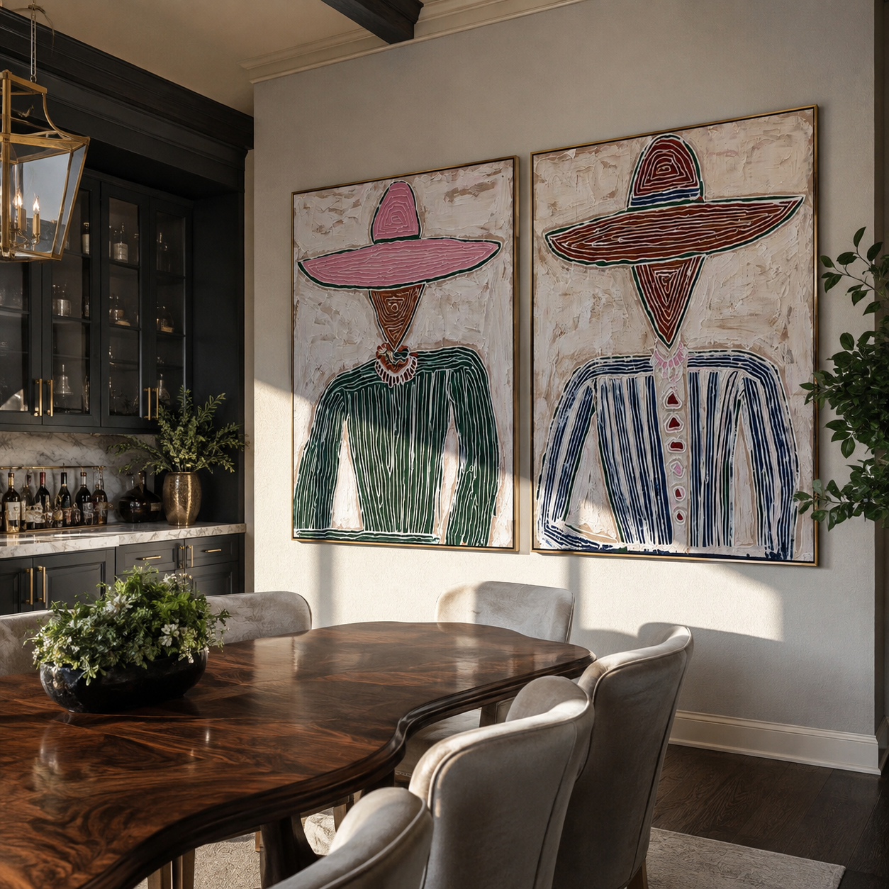 Prairie Figures Stand Plain diptych presented with natural materials and decor