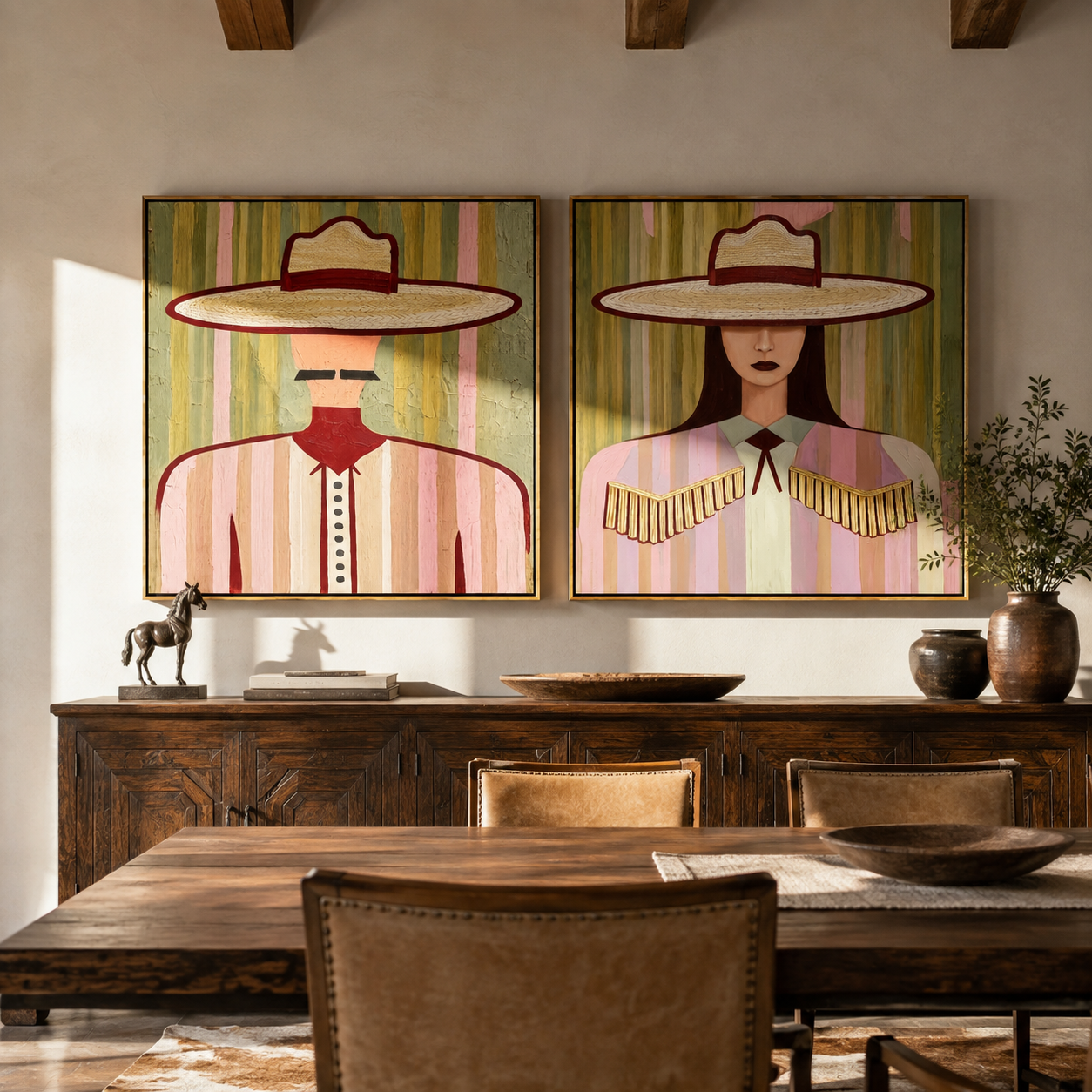 Soft Hats Hold Poise Western diptych displayed in a contemporary interior