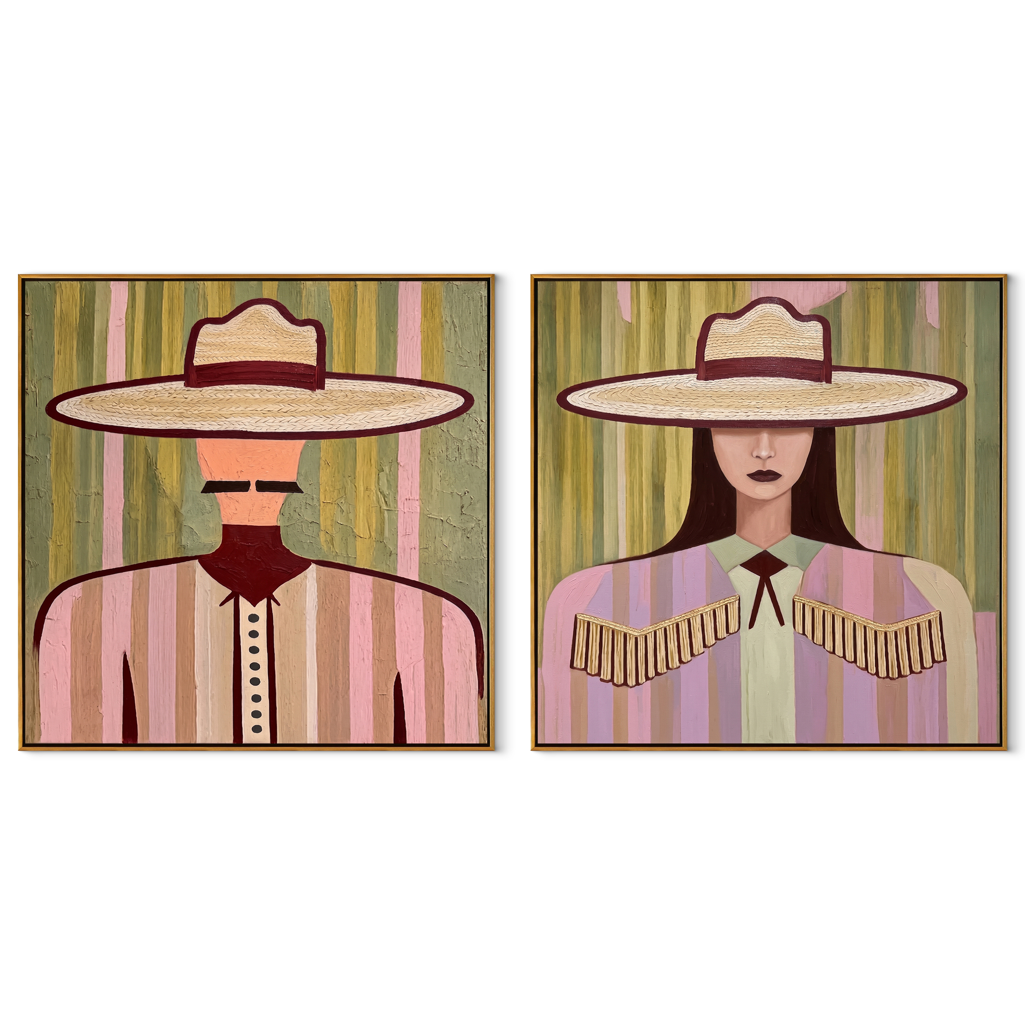 Soft Hats Hold Poise set of two square canvas artworks on white