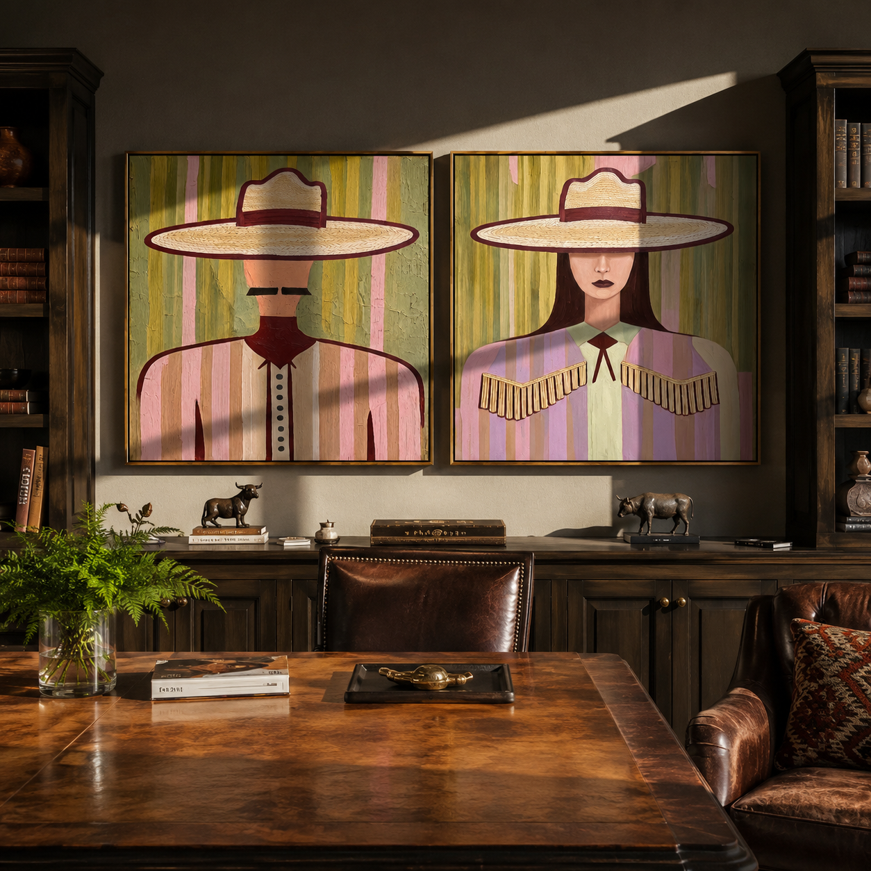 Soft Hats Hold Poise Vintage Americana diptych in a collected room