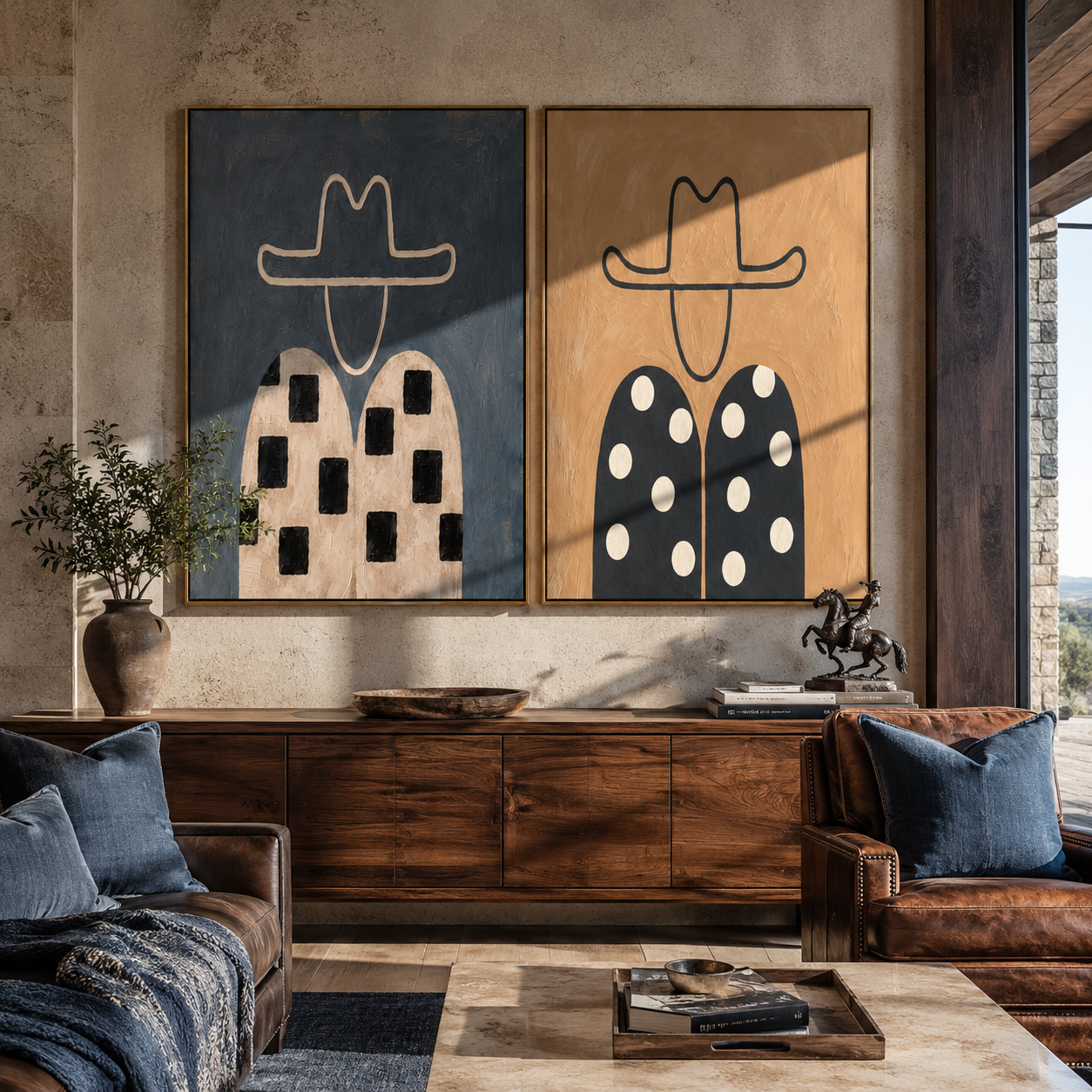 Dotted Shirts Meet Stripes Western diptych displayed in a contemporary interior