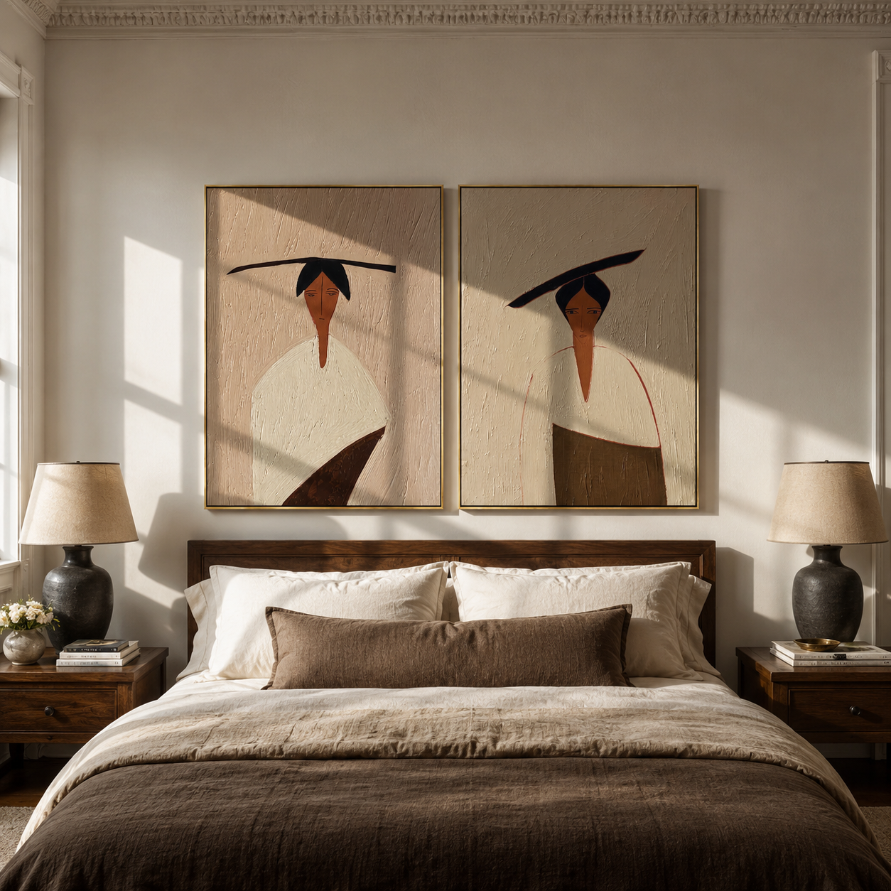 Black Brims Hide Faces diptych presented with natural materials and decor
