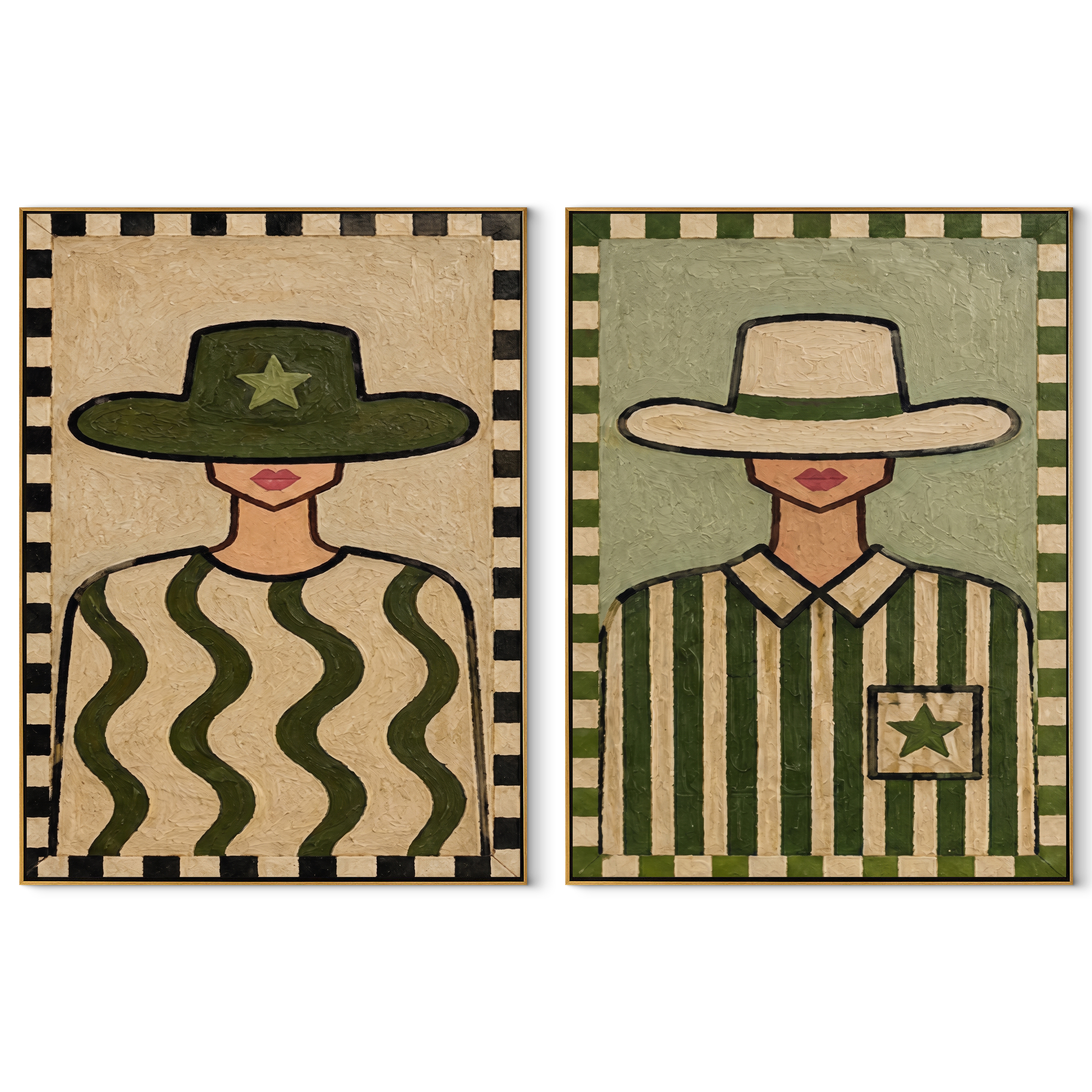 Checker Frames Hold Sage set of two vertical canvas artworks on white