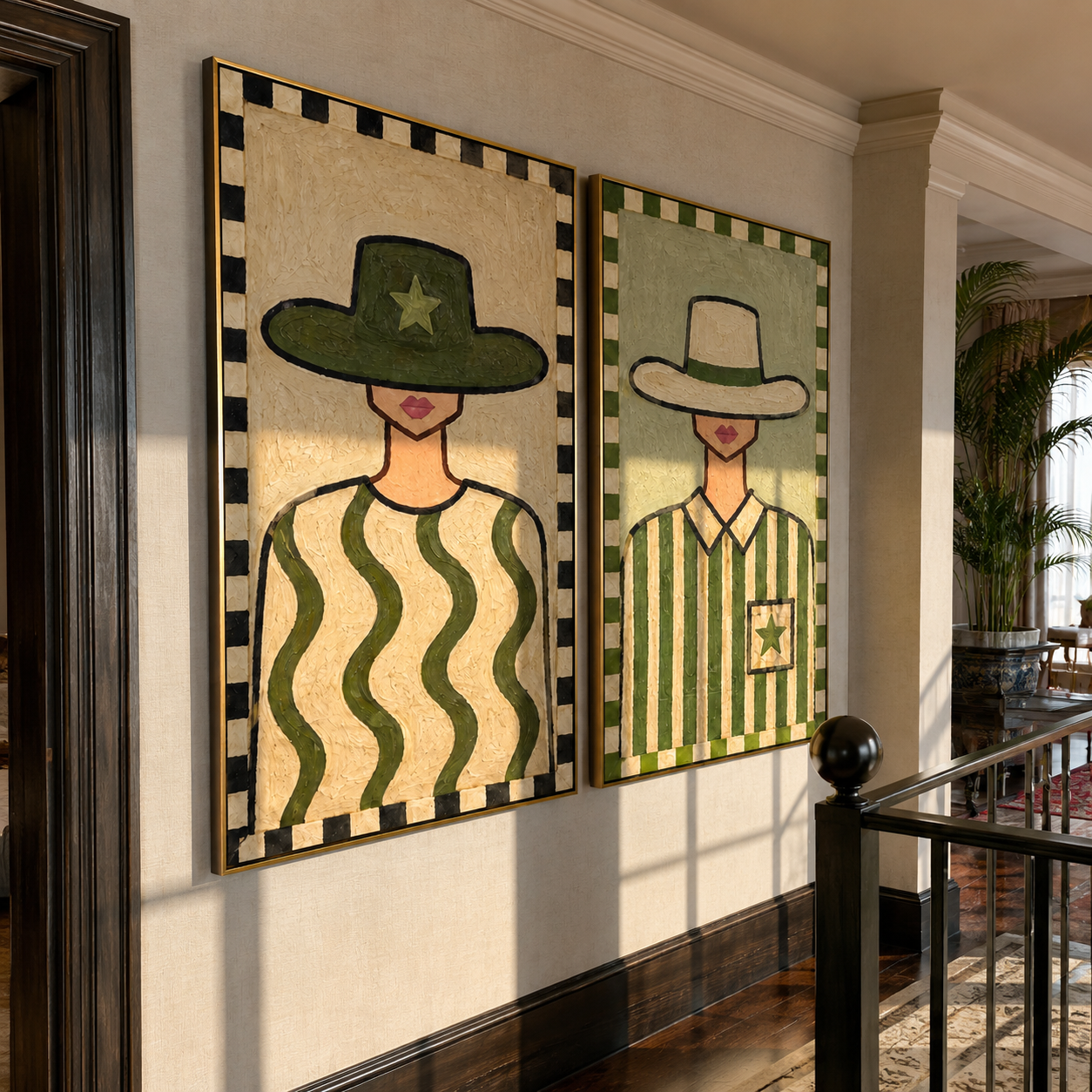 Checker Frames Hold Sage paired wall art styled above modern furniture