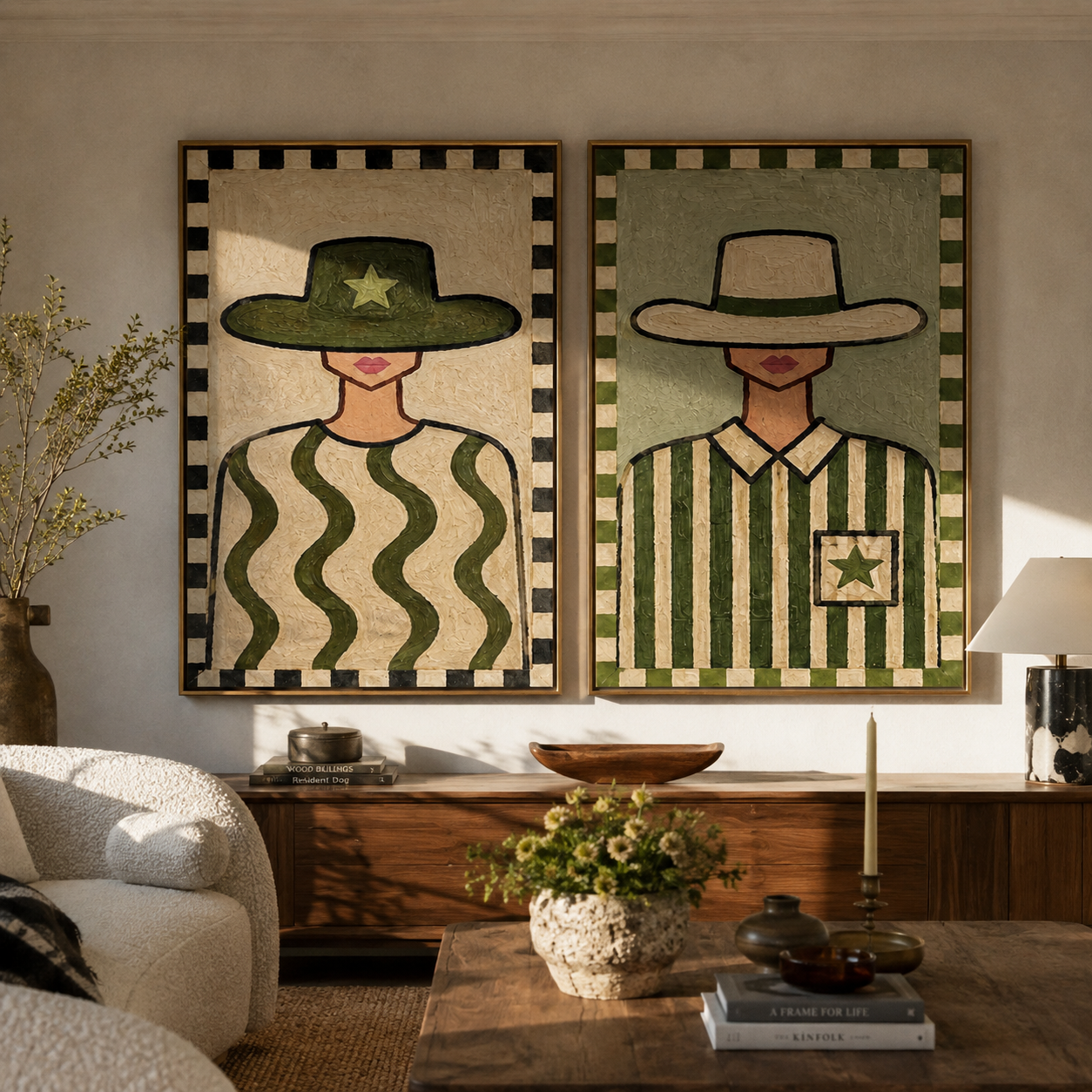 Checker Frames Hold Sage Vintage Americana diptych in a collected room