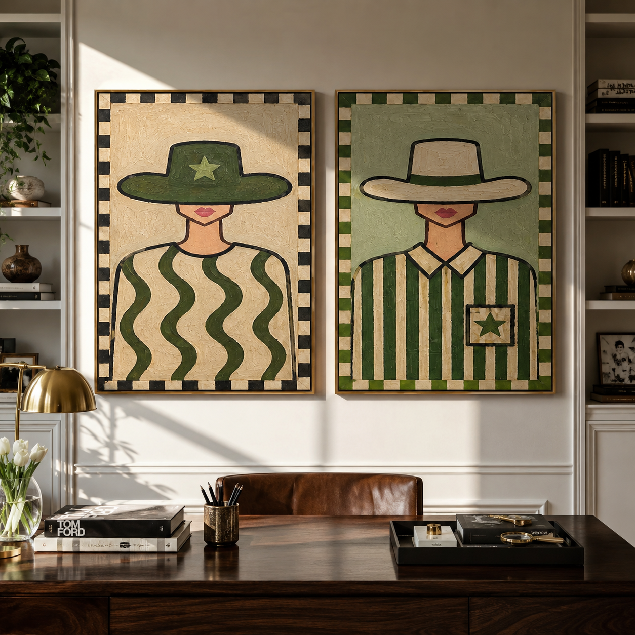 Checker Frames Hold Sage diptych presented with natural materials and decor