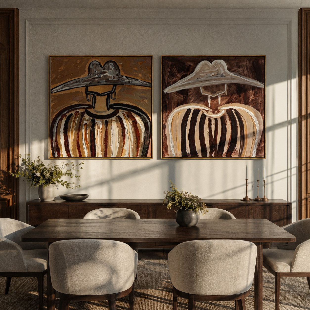 Striped Brims Fill Silence Western diptych displayed in a contemporary interior