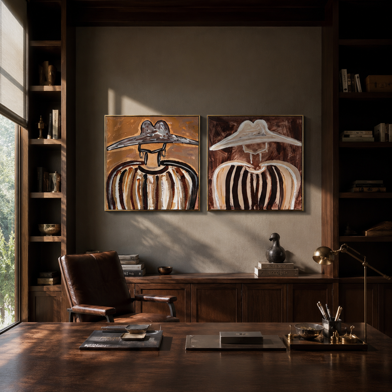 Striped Brims Fill Silence paired wall art styled above modern furniture
