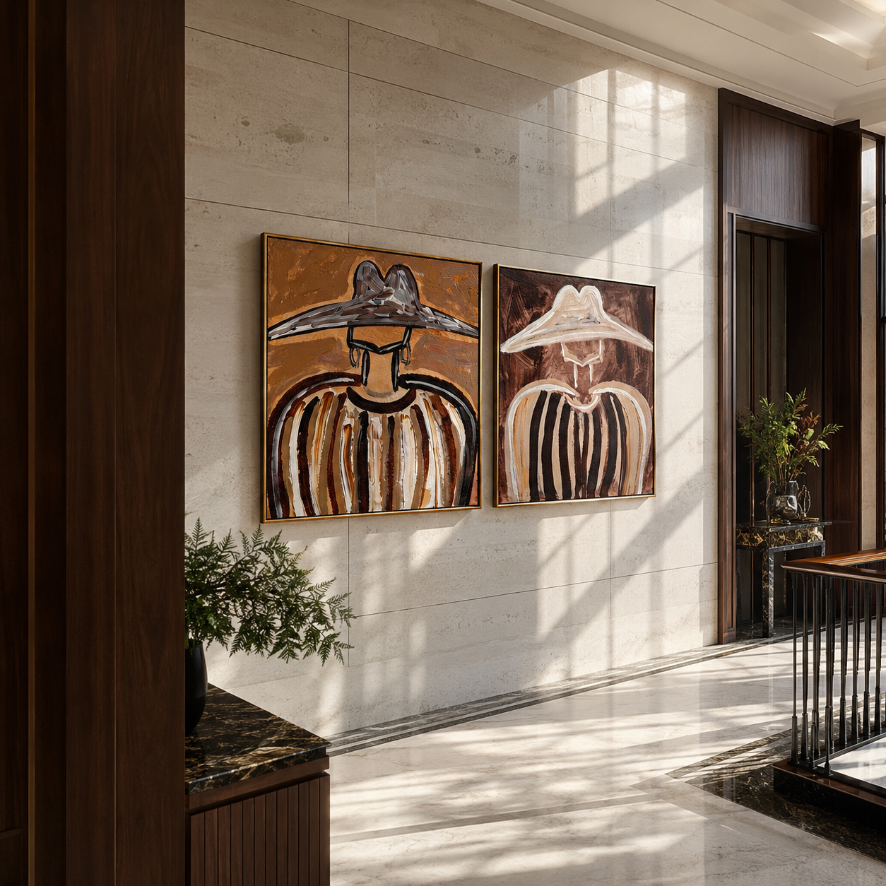 Striped Brims Fill Silence two-panel Western artwork with layered color