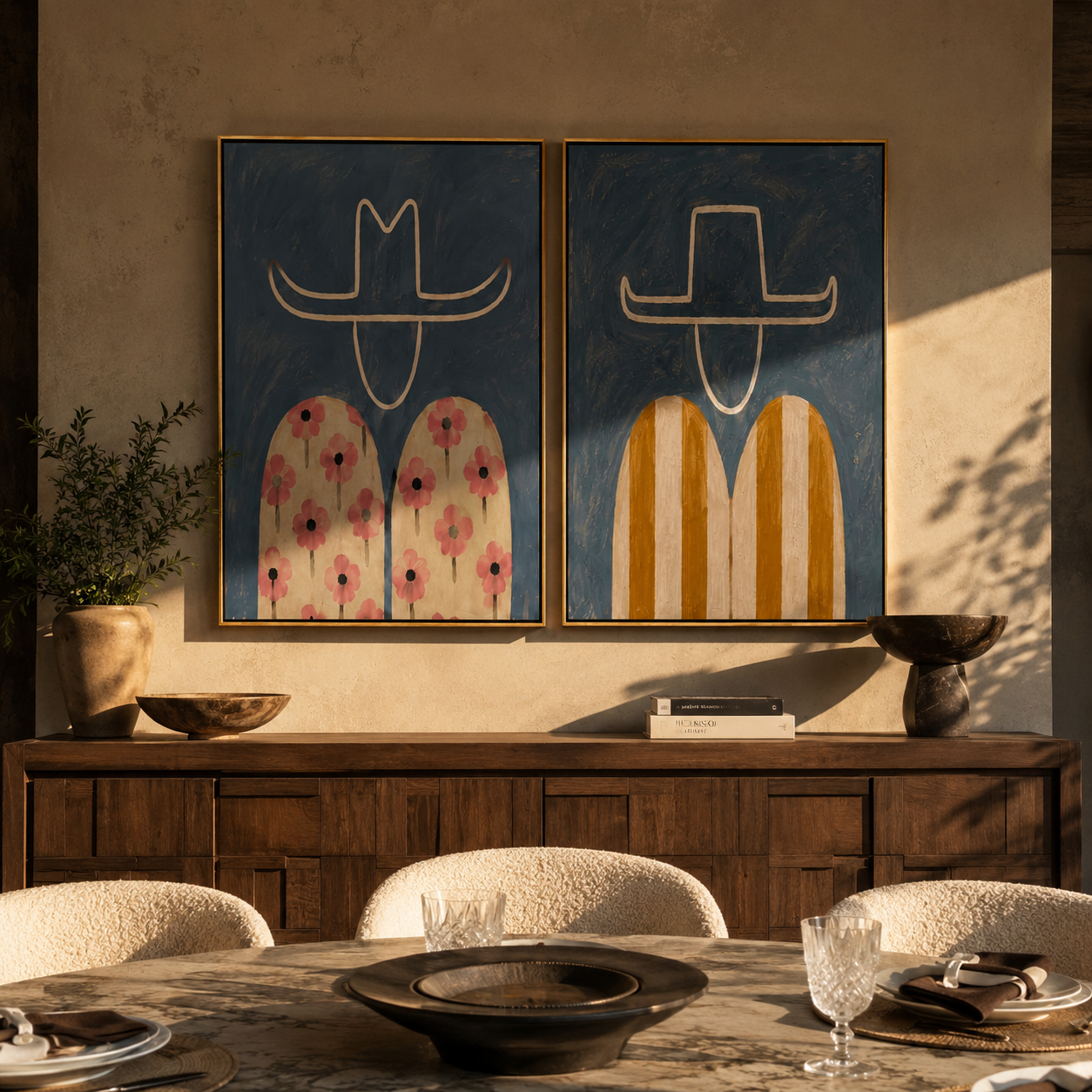 Floral Cowboys Carry Color two-panel Western artwork with layered color