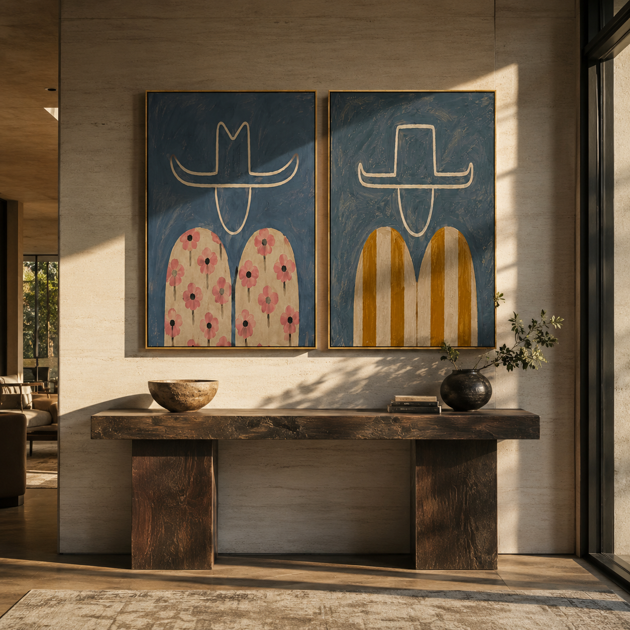 Floral Cowboys Carry Color diptych presented with natural materials and decor