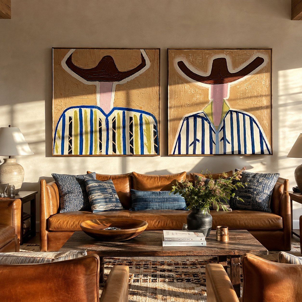 White Brims Cut Blue Vintage Americana diptych in a collected room