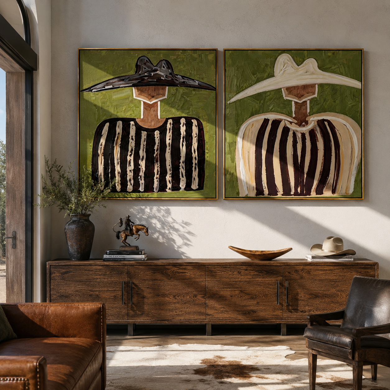 Dark Hats Hold Texture paired wall art styled above modern furniture
