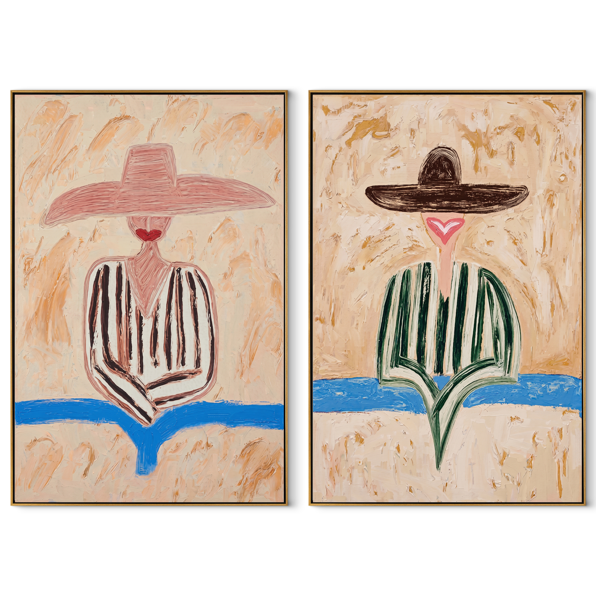 Flower Figures Meet Horizon set of two vertical canvas artworks on white