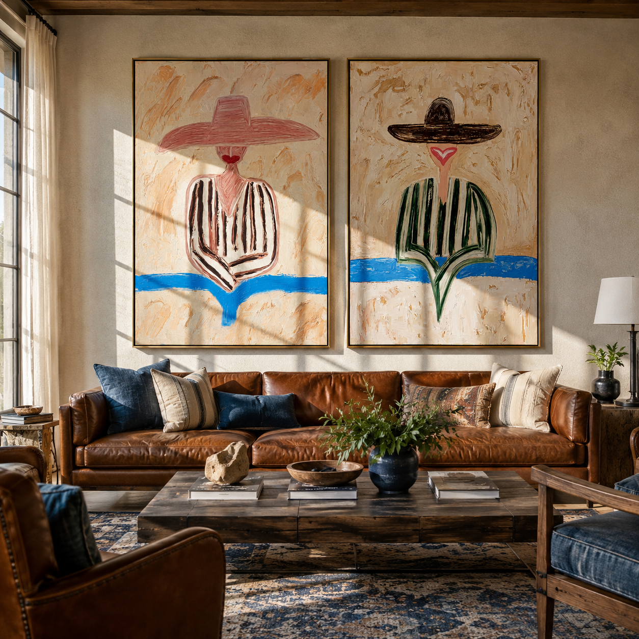Flower Figures Meet Horizon two-panel Western artwork with layered color
