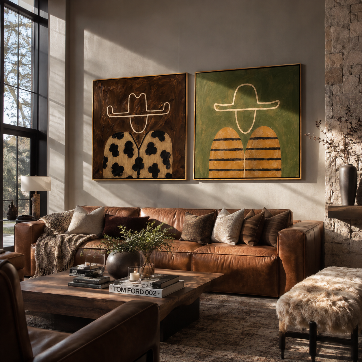 Spots And Stripes Ride Vintage Americana diptych in a collected room