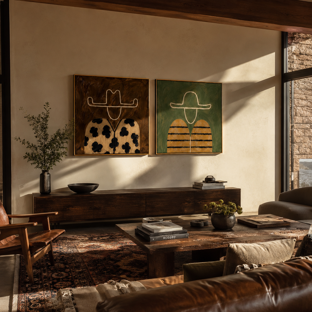 Spots And Stripes Ride diptych presented with natural materials and decor