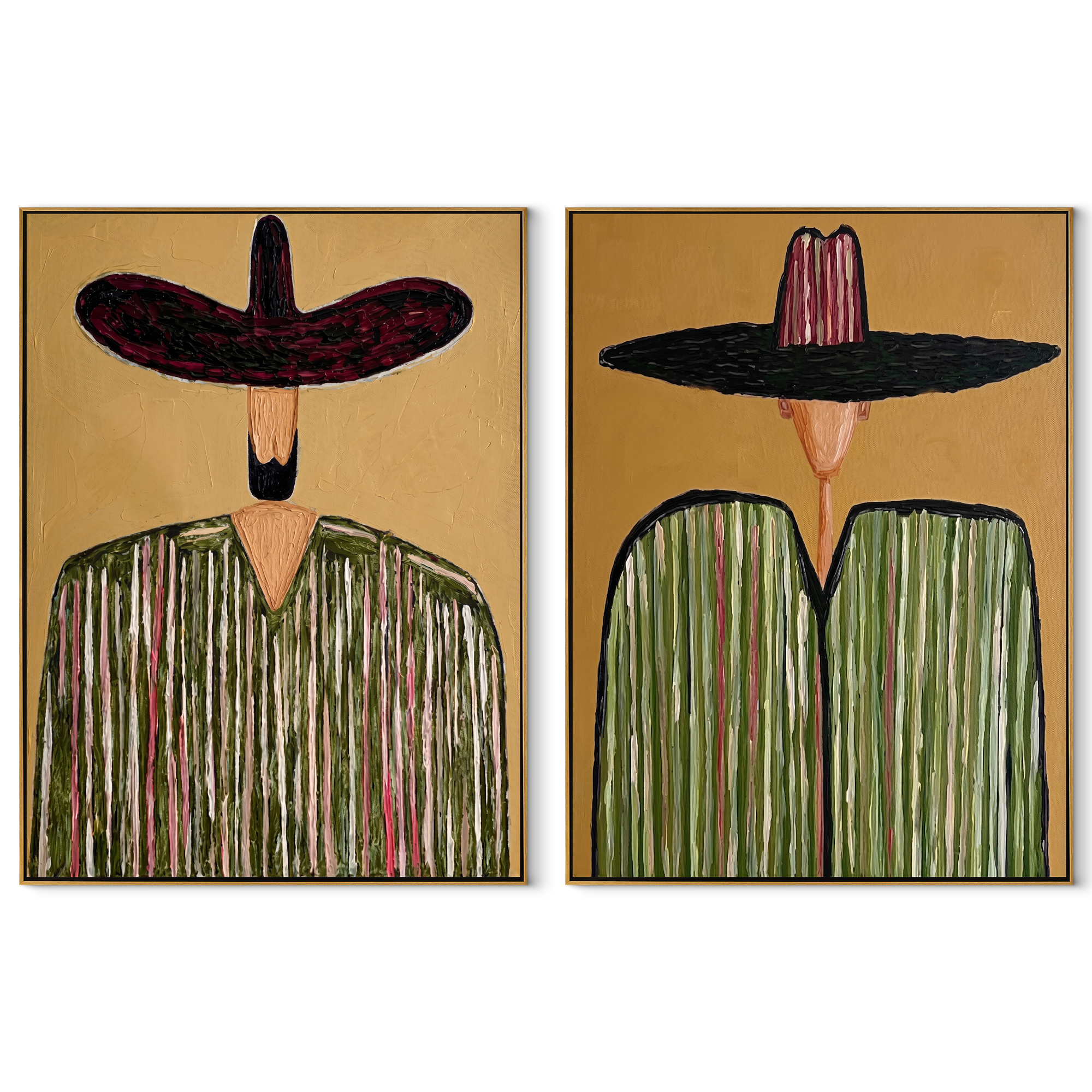 Green Stripes Shade Faces set of two vertical canvas artworks on white