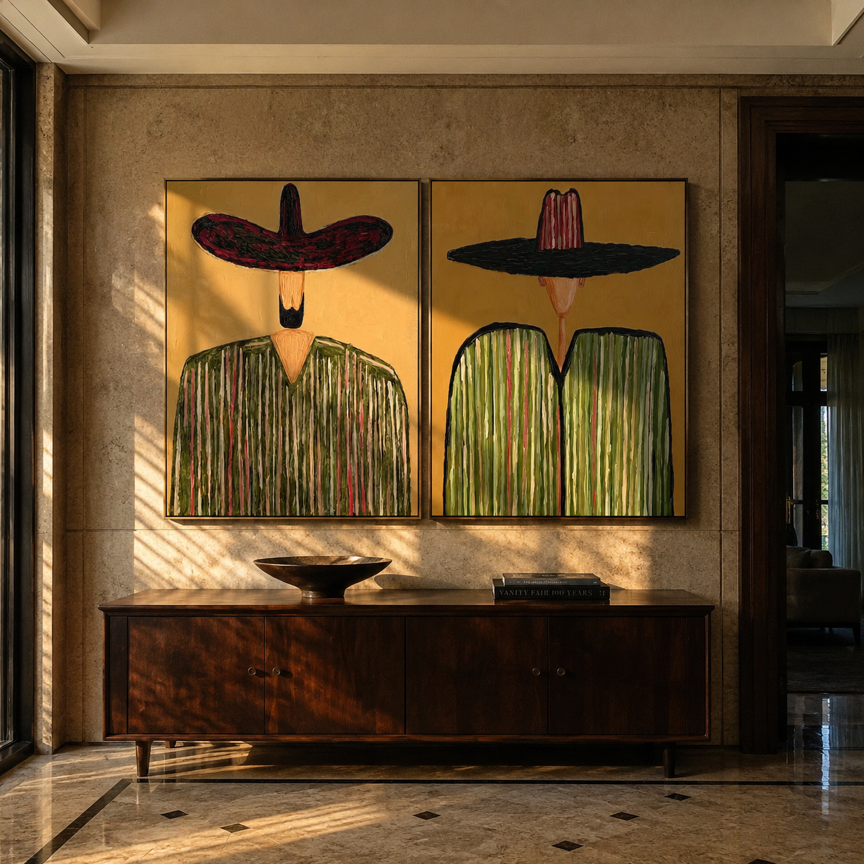 Green Stripes Shade Faces Vintage Americana diptych in a collected room