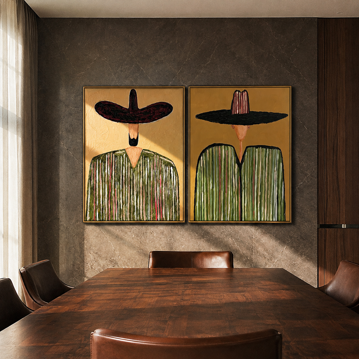 Green Stripes Shade Faces diptych presented with natural materials and decor