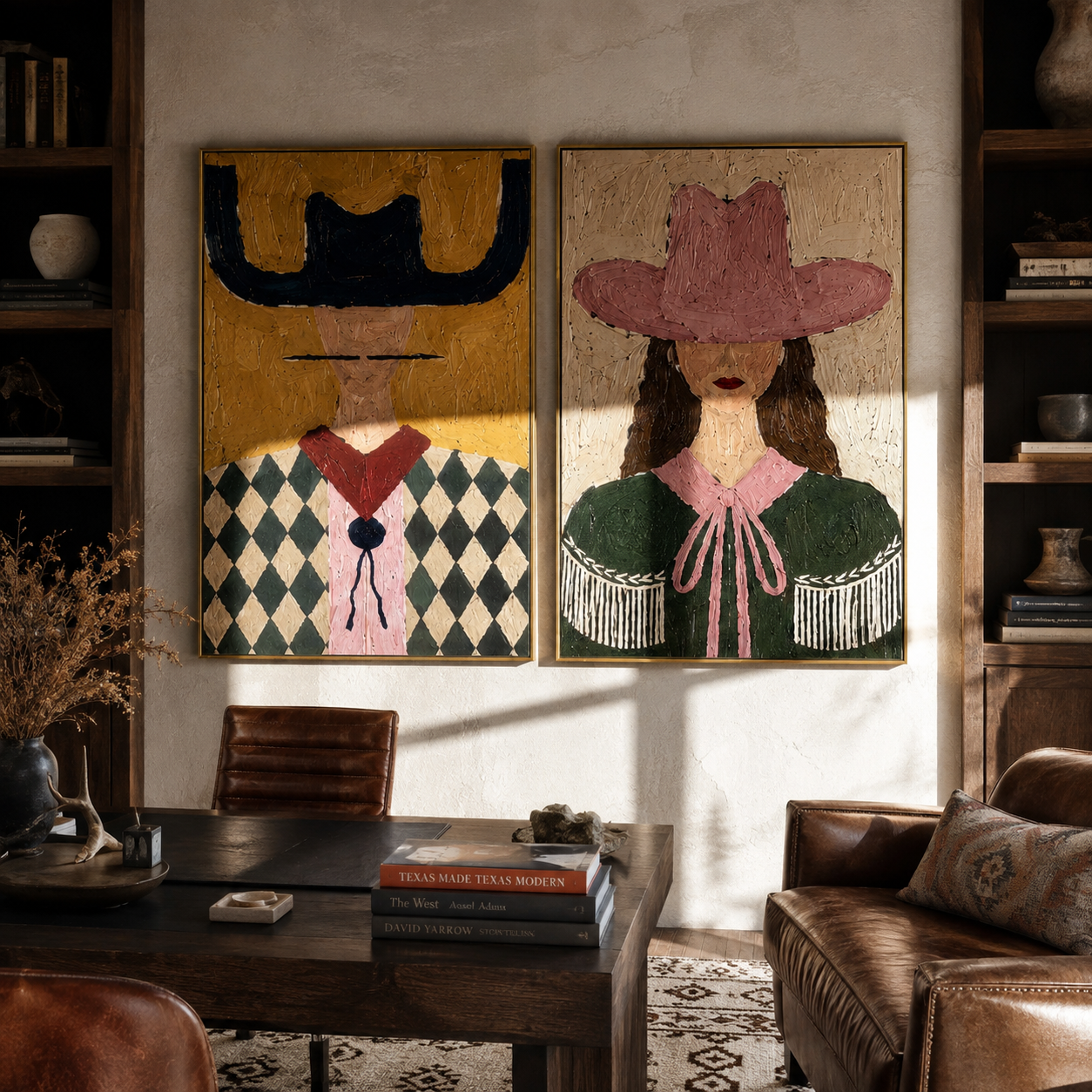 Diamond Brims Change Color paired wall art styled above modern furniture