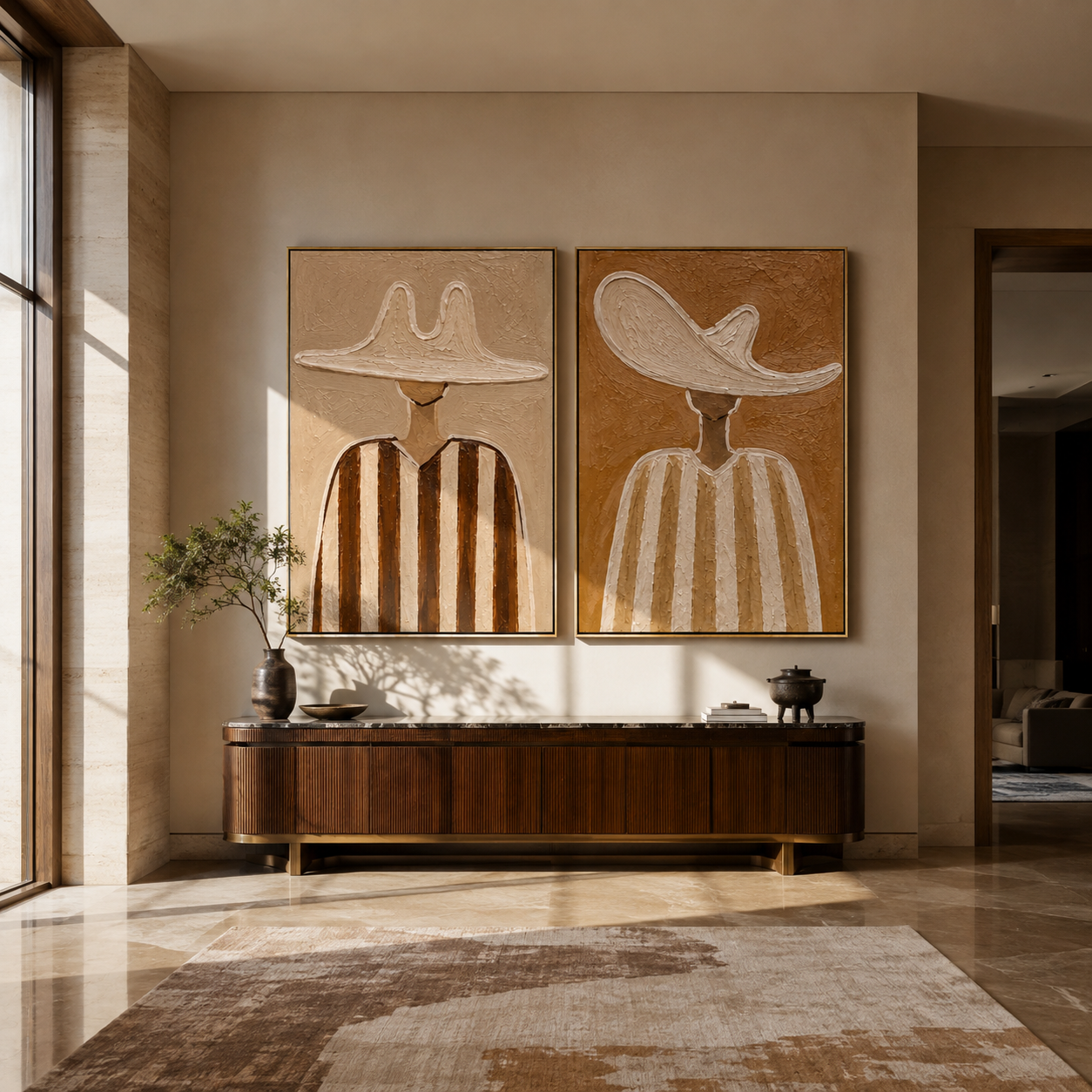 Earth Brims Stand Tall Western diptych displayed in a contemporary interior