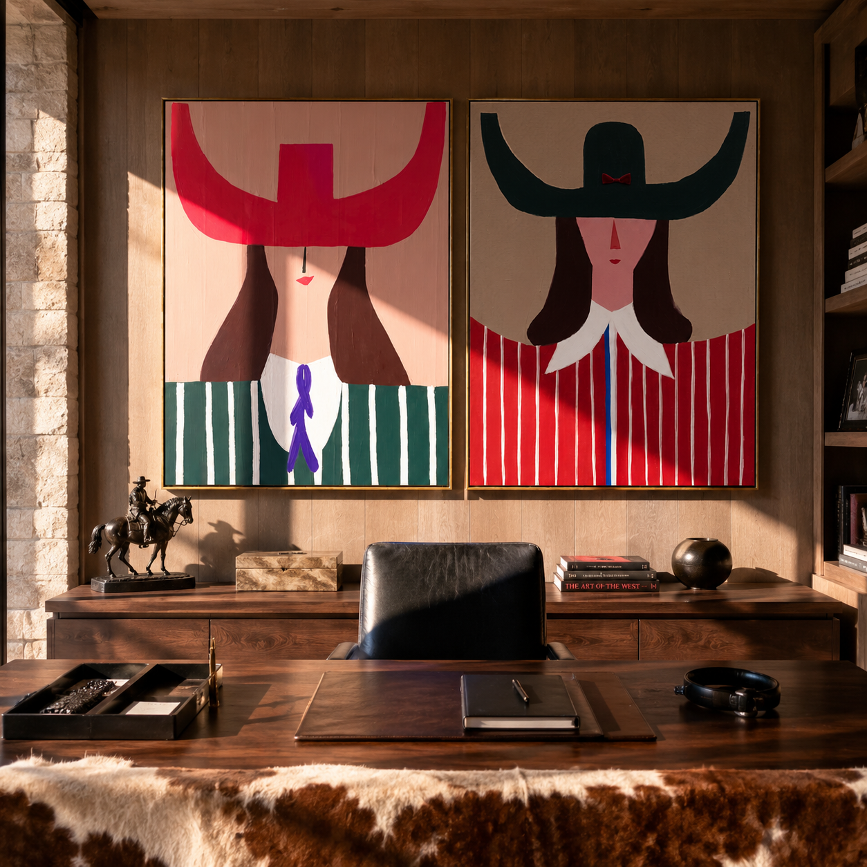 Pop Cowgirls Wear Scarlet Vintage Americana diptych in a collected room
