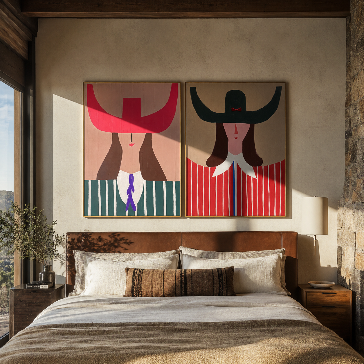 Pop Cowgirls Wear Scarlet two-panel Western artwork with layered color