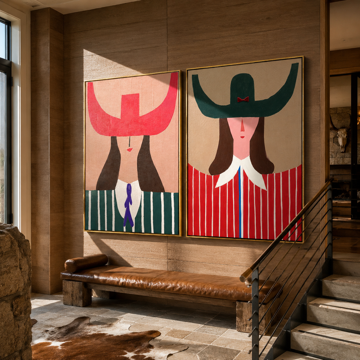 Pop Cowgirls Wear Scarlet diptych presented with natural materials and decor